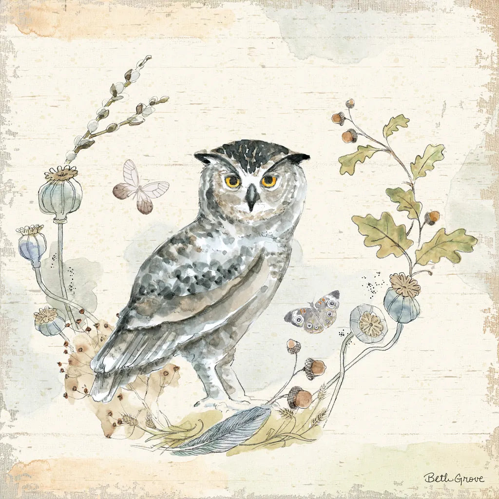 Woodland Wreath IX Blue Feather by Beth Grove. SKU 89344a. Archival Giclee Fine art print for wall decor.