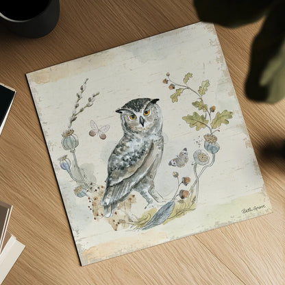 Woodland Wreath IX Blue Feather by Beth Grove. Shown as a detailed flat fine art print, highlighting archival giclee quality. Available as an archival giclee rolled canvas, fine art paper, or poster print. SKU 89344a.