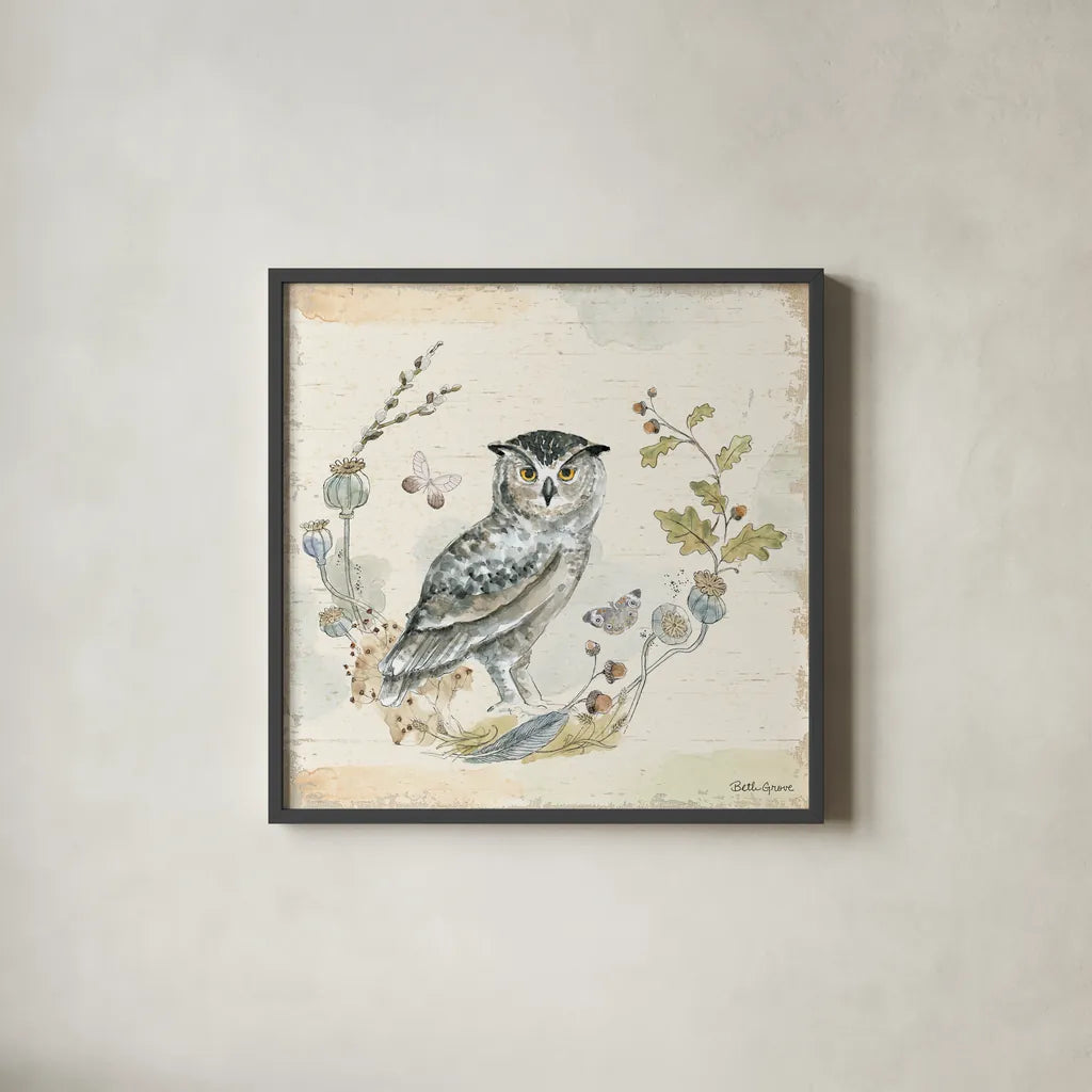 Woodland Wreath IX Blue Feather by Beth Grove. Shown in a sleek black glass frame for a contemporary gallery look. Available as an archival giclee rolled canvas, fine art paper, or poster print. SKU 89344a.