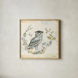 Woodland Wreath IX Blue Feather by Beth Grove. Shown in a natural wood glass frame for a timeless modern aesthetic. Available as an archival giclee rolled canvas, fine art paper, or poster print. SKU 89344a.