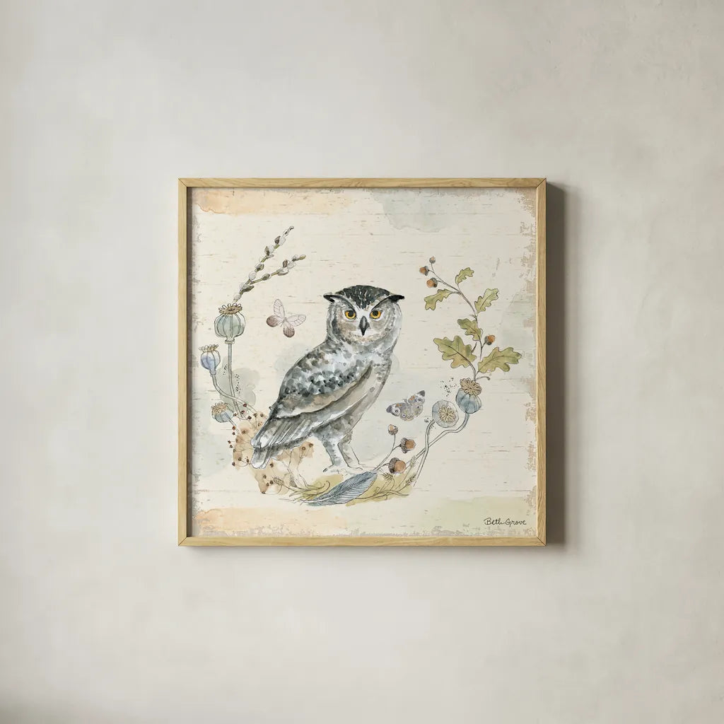 Woodland Wreath IX Blue Feather by Beth Grove. Shown in a natural wood glass frame for a timeless modern aesthetic. Available as an archival giclee rolled canvas, fine art paper, or poster print. SKU 89344a.