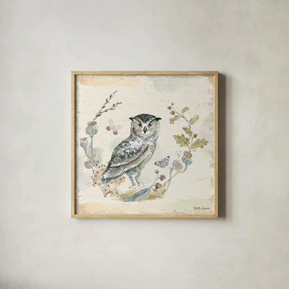 Woodland Wreath IX Blue Feather by Beth Grove. Shown in a natural wood glass frame for a timeless modern aesthetic. Available as an archival giclee rolled canvas, fine art paper, or poster print. SKU 89344a.