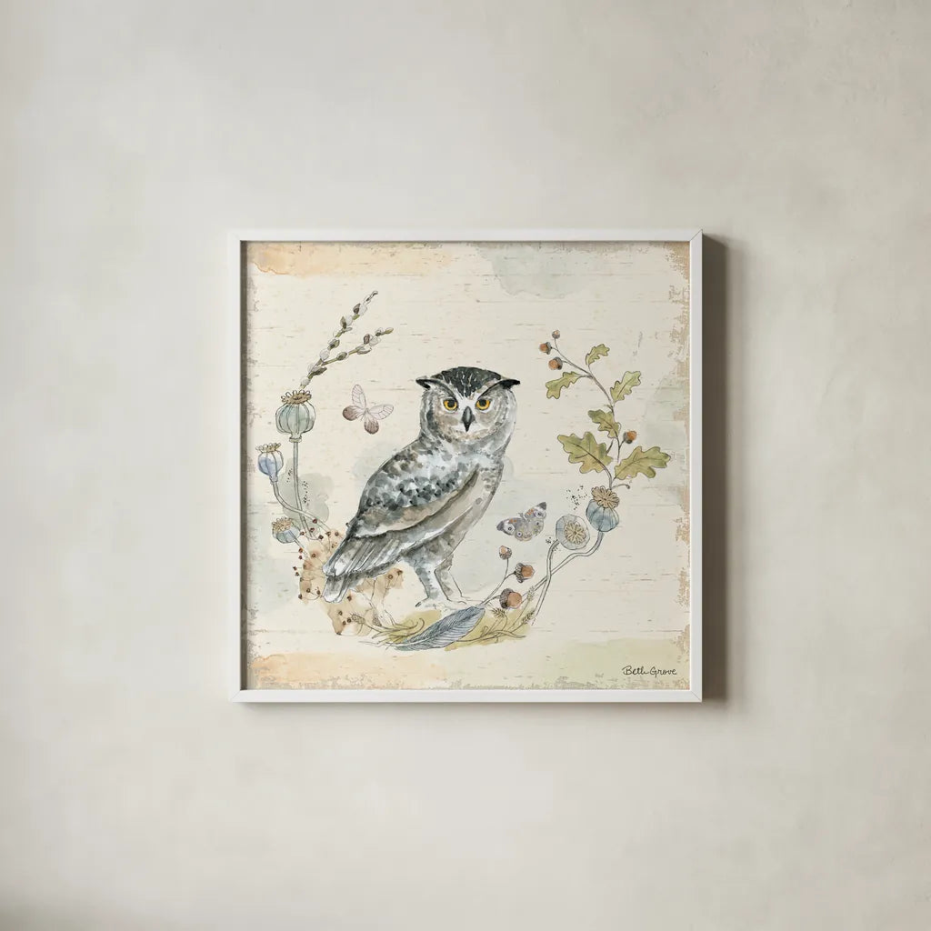 Woodland Wreath IX Blue Feather by Beth Grove. Shown in a crisp white glass frame for a clean and minimalist style. Available as an archival giclee rolled canvas, fine art paper, or poster print. SKU 89344a.