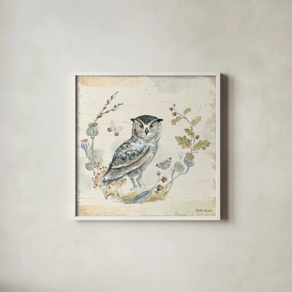 Woodland Wreath IX Blue Feather by Beth Grove. Shown in a crisp white glass frame for a clean and minimalist style. Available as an archival giclee rolled canvas, fine art paper, or poster print. SKU 89344a.