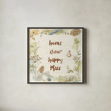 Woodland Wreath V Happy by Beth Grove. Shown in a sleek black glass frame for a contemporary gallery look. Available as an archival giclee rolled canvas, fine art paper, or poster print. SKU 46554a.