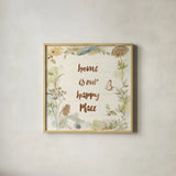 Woodland Wreath V Happy by Beth Grove. Shown in a natural wood glass frame for a timeless modern aesthetic. Available as an archival giclee rolled canvas, fine art paper, or poster print. SKU 46554a.