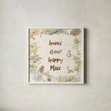 Woodland Wreath V Happy by Beth Grove. Shown in a crisp white glass frame for a clean and minimalist style. Available as an archival giclee rolled canvas, fine art paper, or poster print. SKU 46554a.