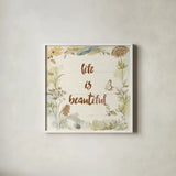 Woodland Wreath V Life by Beth Grove. Shown in a crisp white glass frame for a clean and minimalist style. Available as an archival giclee rolled canvas, fine art paper, or poster print. SKU 46478a.
