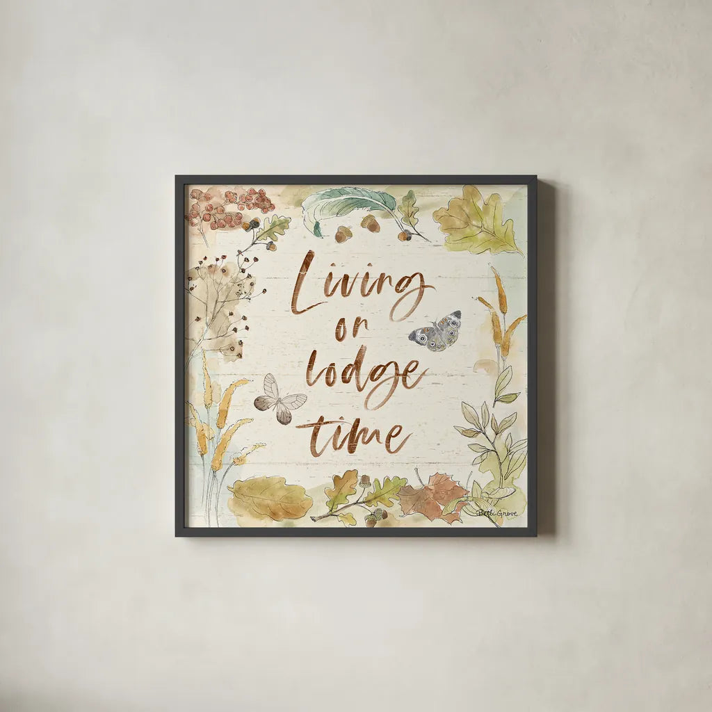 Woodland Wreath VI by Beth Grove. Shown in a sleek black glass frame for a contemporary gallery look. Available as an archival giclee rolled canvas, fine art paper, or poster print. SKU 43916a.