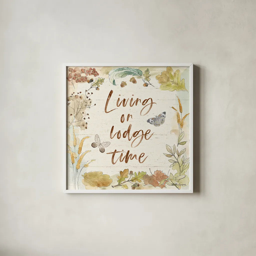 Woodland Wreath VI by Beth Grove. Shown in a crisp white glass frame for a clean and minimalist style. Available as an archival giclee rolled canvas, fine art paper, or poster print. SKU 43916a.