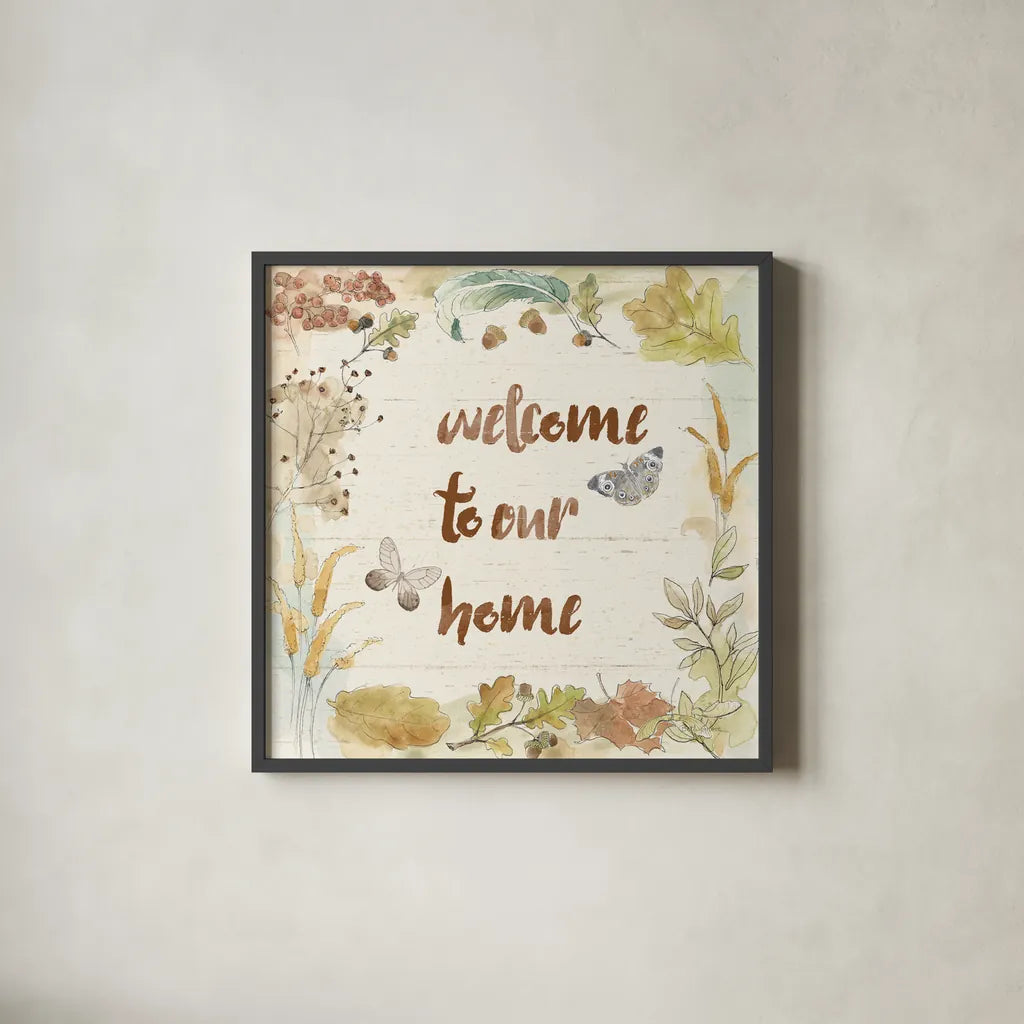 Woodland Wreath VI Home by Beth Grove. Shown in a sleek black glass frame for a contemporary gallery look. Available as an archival giclee rolled canvas, fine art paper, or poster print. SKU 46479a.