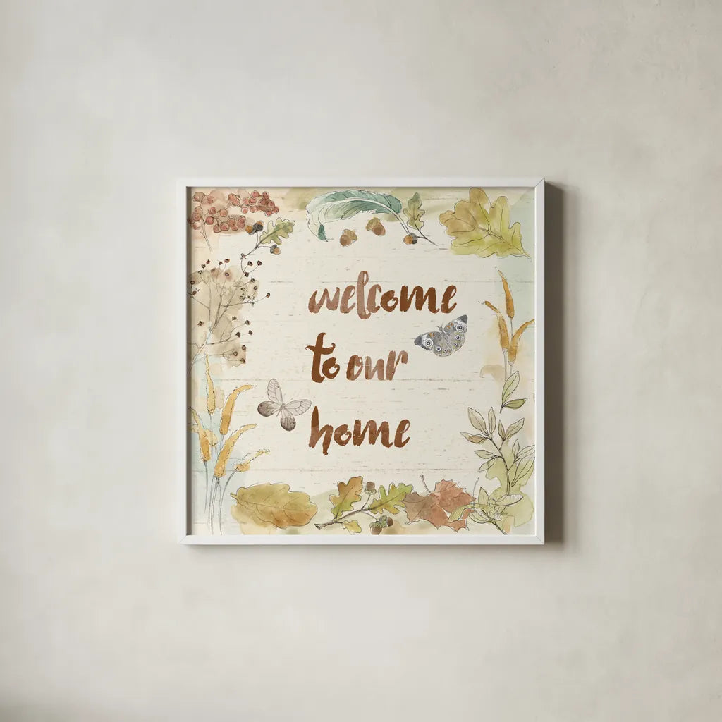 Woodland Wreath VI Home by Beth Grove. Shown in a crisp white glass frame for a clean and minimalist style. Available as an archival giclee rolled canvas, fine art paper, or poster print. SKU 46479a.