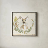 Woodland Wreath VII by Beth Grove. Shown in a sleek black glass frame for a contemporary gallery look. Available as an archival giclee rolled canvas, fine art paper, or poster print. SKU 43917a.