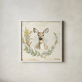 Woodland Wreath VII by Beth Grove. Shown in a crisp white glass frame for a clean and minimalist style. Available as an archival giclee rolled canvas, fine art paper, or poster print. SKU 43917a.