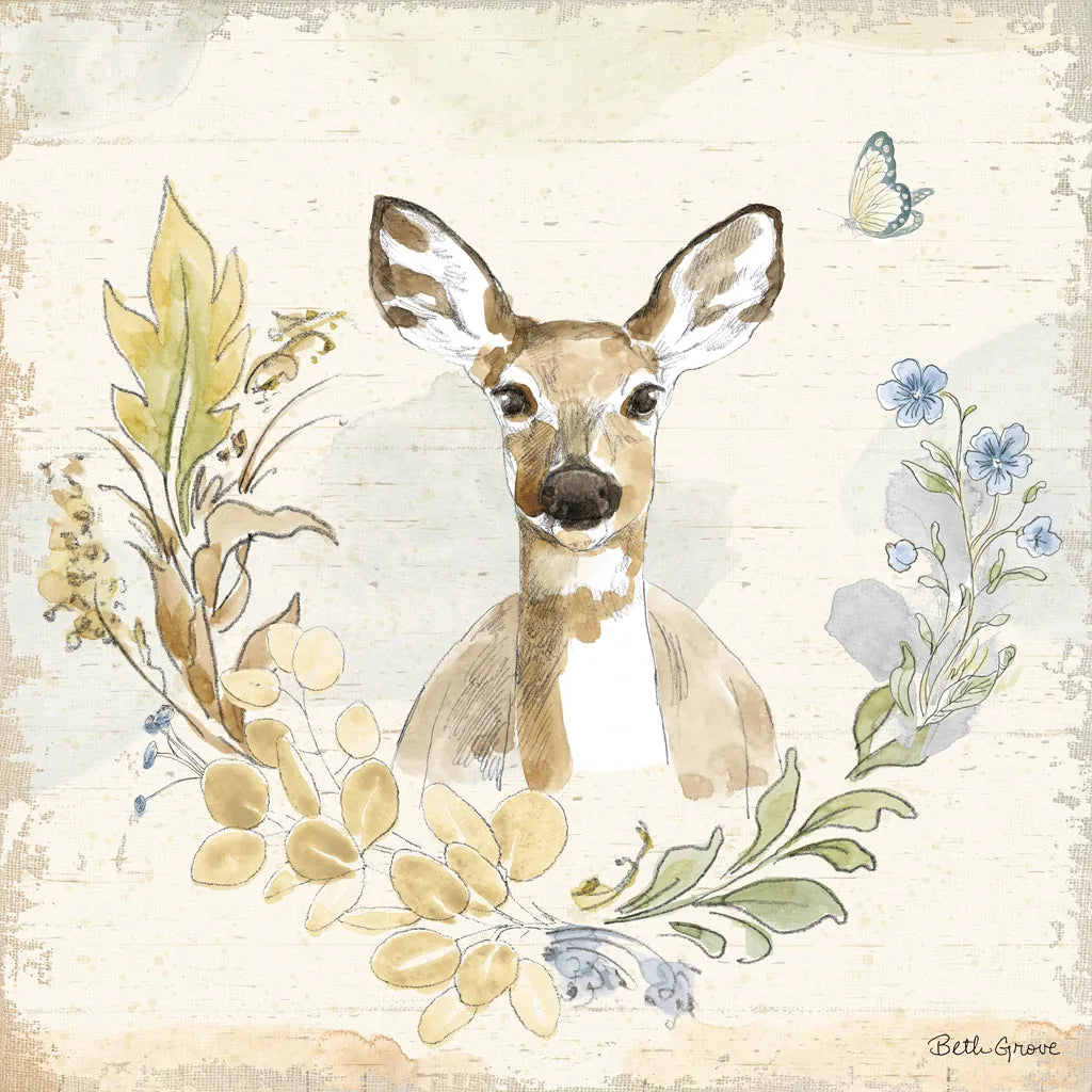 Woodland Wreath VII Forget Me Nots by Beth Grove. SKU 89343a. Archival Giclee Fine art print for wall decor.