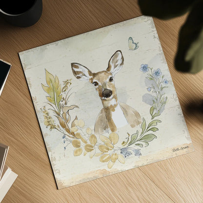 Woodland Wreath VII Forget Me Nots by Beth Grove. Shown as a detailed flat fine art print, highlighting archival giclee quality. Available as an archival giclee rolled canvas, fine art paper, or poster print. SKU 89343a.