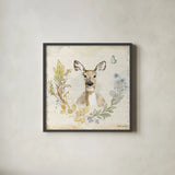 Woodland Wreath VII Forget Me Nots by Beth Grove. Shown in a sleek black glass frame for a contemporary gallery look. Available as an archival giclee rolled canvas, fine art paper, or poster print. SKU 89343a.