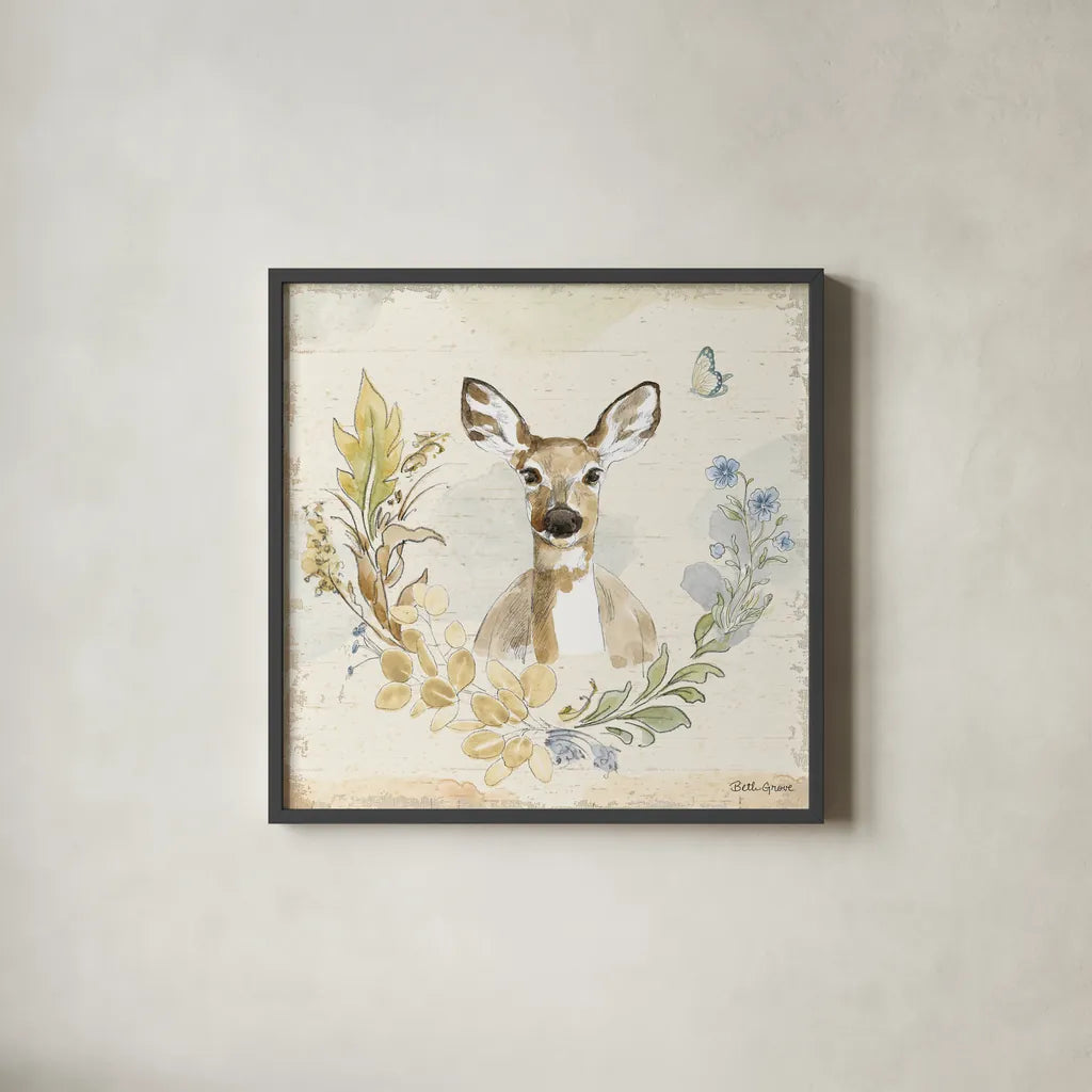 Woodland Wreath VII Forget Me Nots by Beth Grove. Shown in a sleek black glass frame for a contemporary gallery look. Available as an archival giclee rolled canvas, fine art paper, or poster print. SKU 89343a.