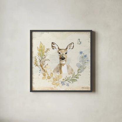 Woodland Wreath VII Forget Me Nots by Beth Grove. Shown in a sleek black glass frame for a contemporary gallery look. Available as an archival giclee rolled canvas, fine art paper, or poster print. SKU 89343a.