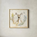 Woodland Wreath VII Forget Me Nots by Beth Grove. Shown in a natural wood glass frame for a timeless modern aesthetic. Available as an archival giclee rolled canvas, fine art paper, or poster print. SKU 89343a.