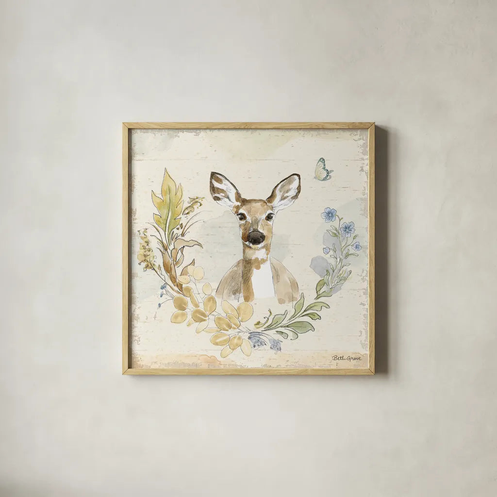 Woodland Wreath VII Forget Me Nots by Beth Grove. Shown in a natural wood glass frame for a timeless modern aesthetic. Available as an archival giclee rolled canvas, fine art paper, or poster print. SKU 89343a.