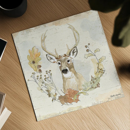 Woodland Wreath VIII by Beth Grove. Shown as a detailed flat fine art print, highlighting archival giclee quality. Available as an archival giclee rolled canvas, fine art paper, or poster print. SKU 43918a.