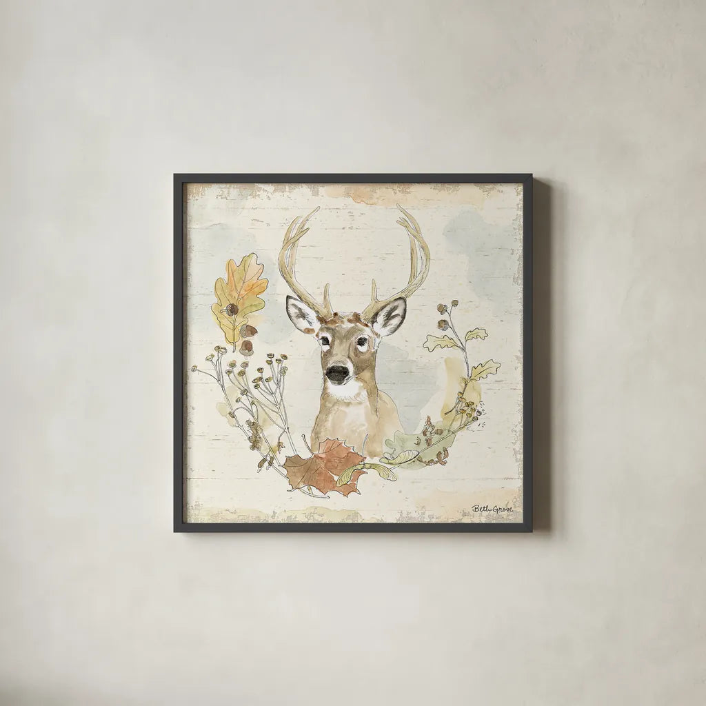 Woodland Wreath VIII by Beth Grove. Shown in a sleek black glass frame for a contemporary gallery look. Available as an archival giclee rolled canvas, fine art paper, or poster print. SKU 43918a.