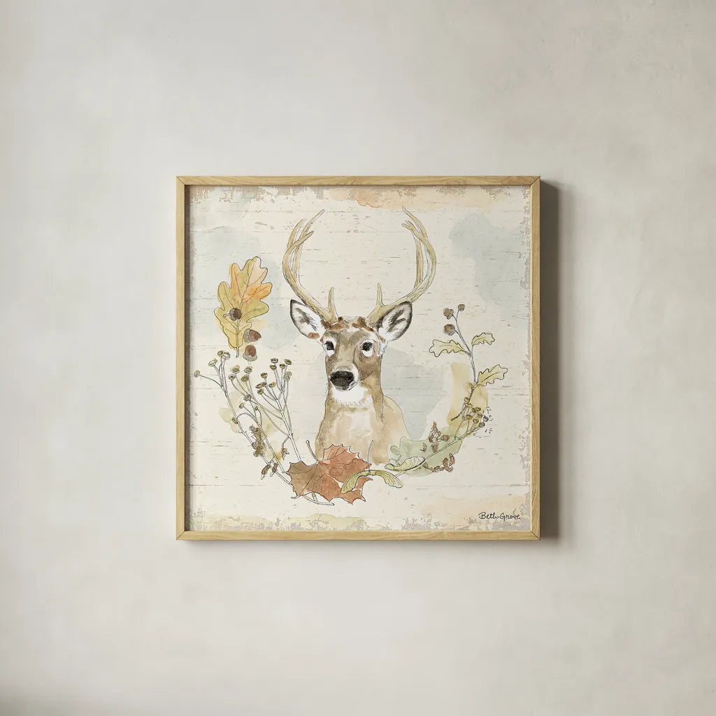 Woodland Wreath VIII by Beth Grove. Shown in a natural wood glass frame for a timeless modern aesthetic. Available as an archival giclee rolled canvas, fine art paper, or poster print. SKU 43918a.