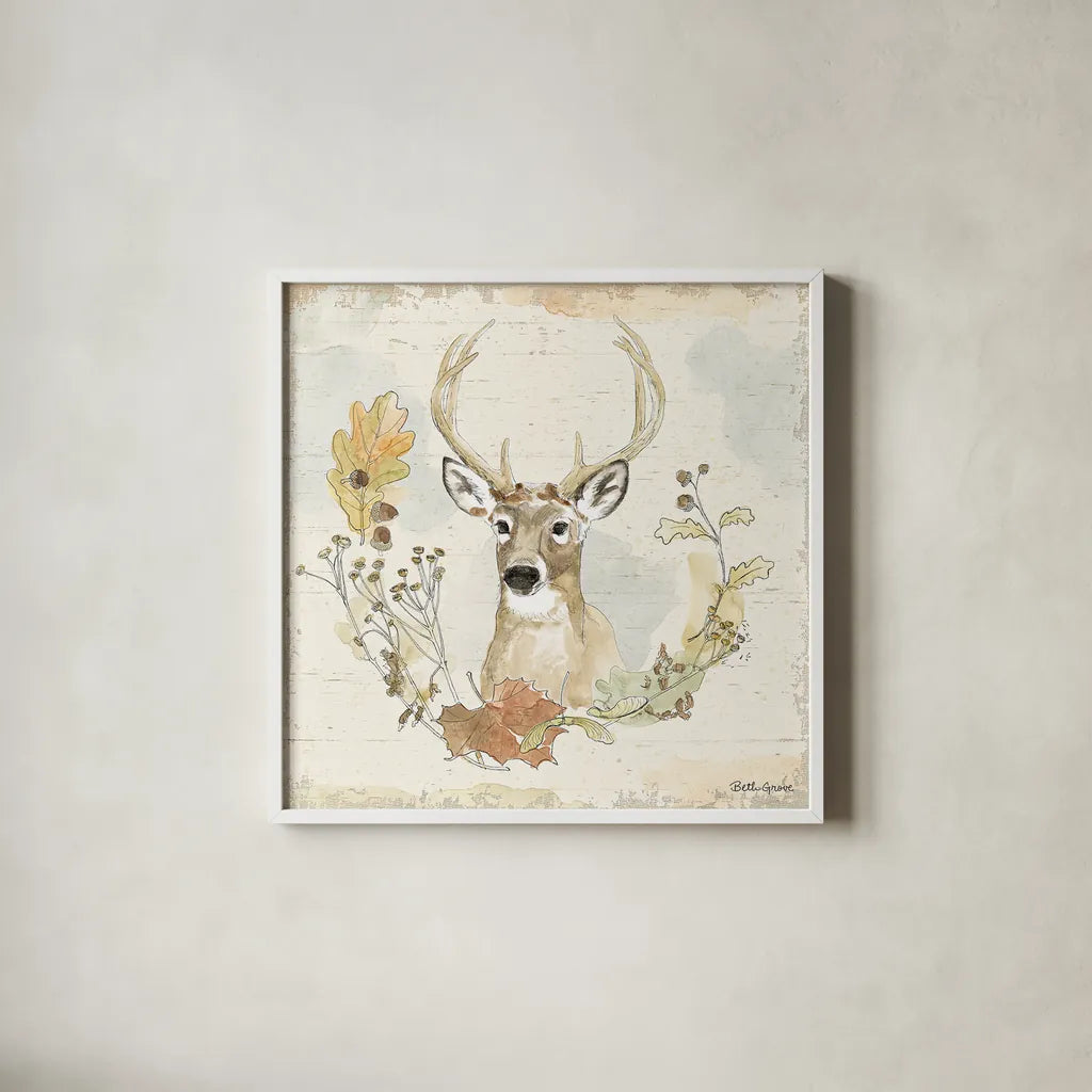 Woodland Wreath VIII by Beth Grove. Shown in a crisp white glass frame for a clean and minimalist style. Available as an archival giclee rolled canvas, fine art paper, or poster print. SKU 43918a.