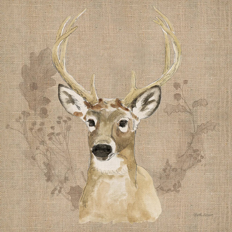 Woodland Wreath VIII on Burlap by Beth Grove. SKU 101480a. Archival Giclee Fine art print for wall decor.