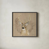 Woodland Wreath VIII on Burlap by Beth Grove. Shown in a sleek black glass frame for a contemporary gallery look. Available as an archival giclee rolled canvas, fine art paper, or poster print. SKU 101480a.