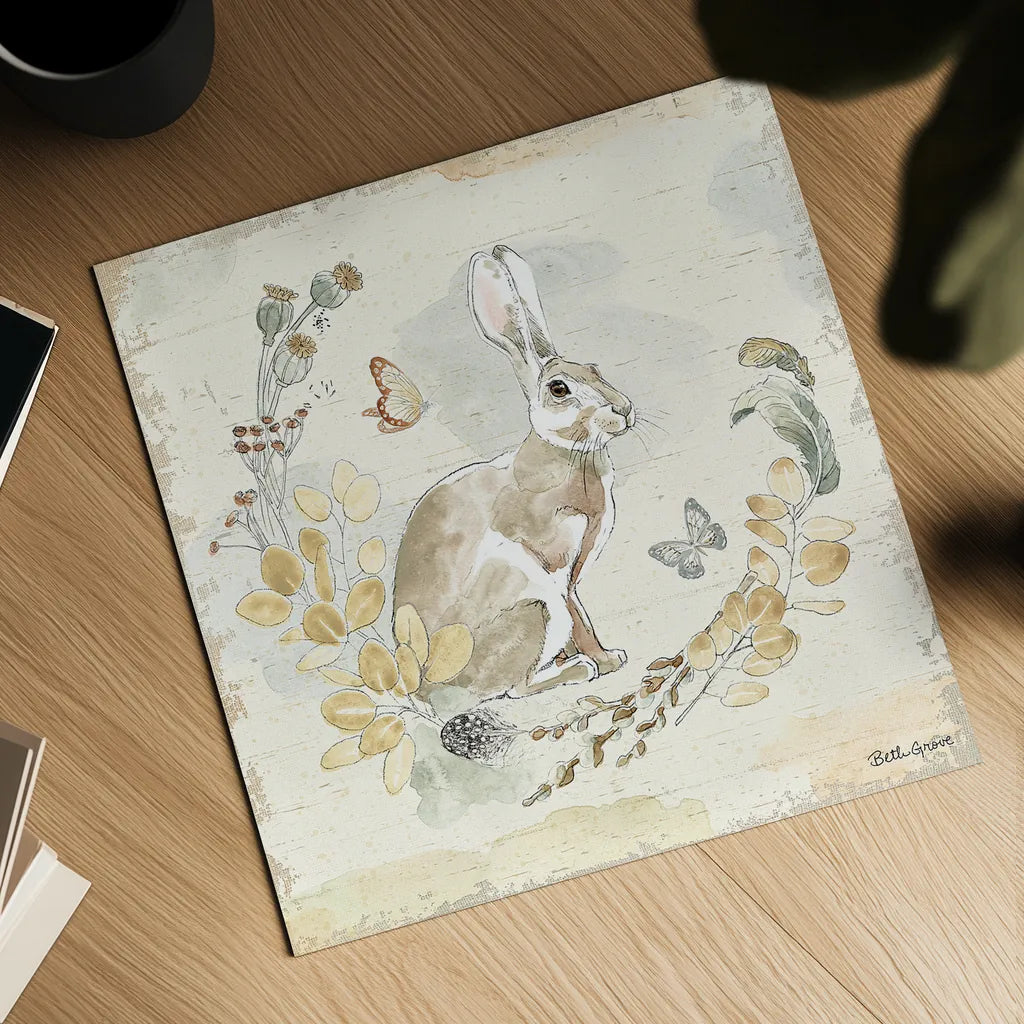 Woodland Wreath X by Beth Grove. Shown as a detailed flat fine art print, highlighting archival giclee quality. Available as an archival giclee rolled canvas, fine art paper, or poster print. SKU 43920a.