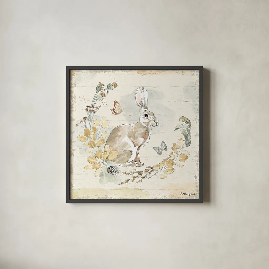 Woodland Wreath X by Beth Grove. Shown in a sleek black glass frame for a contemporary gallery look. Available as an archival giclee rolled canvas, fine art paper, or poster print. SKU 43920a.