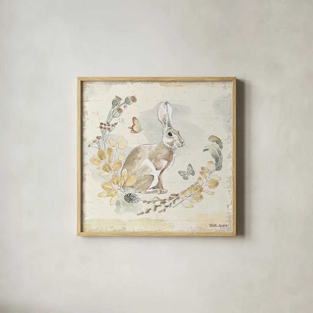 Woodland Wreath X by Beth Grove. Shown in a natural wood glass frame for a timeless modern aesthetic. Available as an archival giclee rolled canvas, fine art paper, or poster print. SKU 43920a.