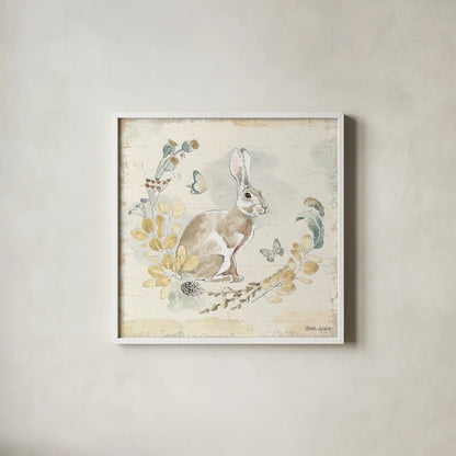 Woodland Wreath X Blue by Beth Grove. Shown in a crisp white glass frame for a clean and minimalist style. Available as an archival giclee rolled canvas, fine art paper, or poster print. SKU 89345a.