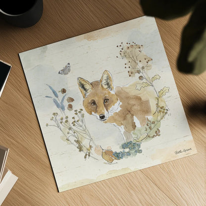 Woodland Wreath XI by Beth Grove. Shown as a detailed flat fine art print, highlighting archival giclee quality. Available as an archival giclee rolled canvas, fine art paper, or poster print. SKU 89346a.