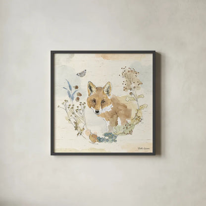 Woodland Wreath XI by Beth Grove. Shown in a sleek black glass frame for a contemporary gallery look. Available as an archival giclee rolled canvas, fine art paper, or poster print. SKU 89346a.