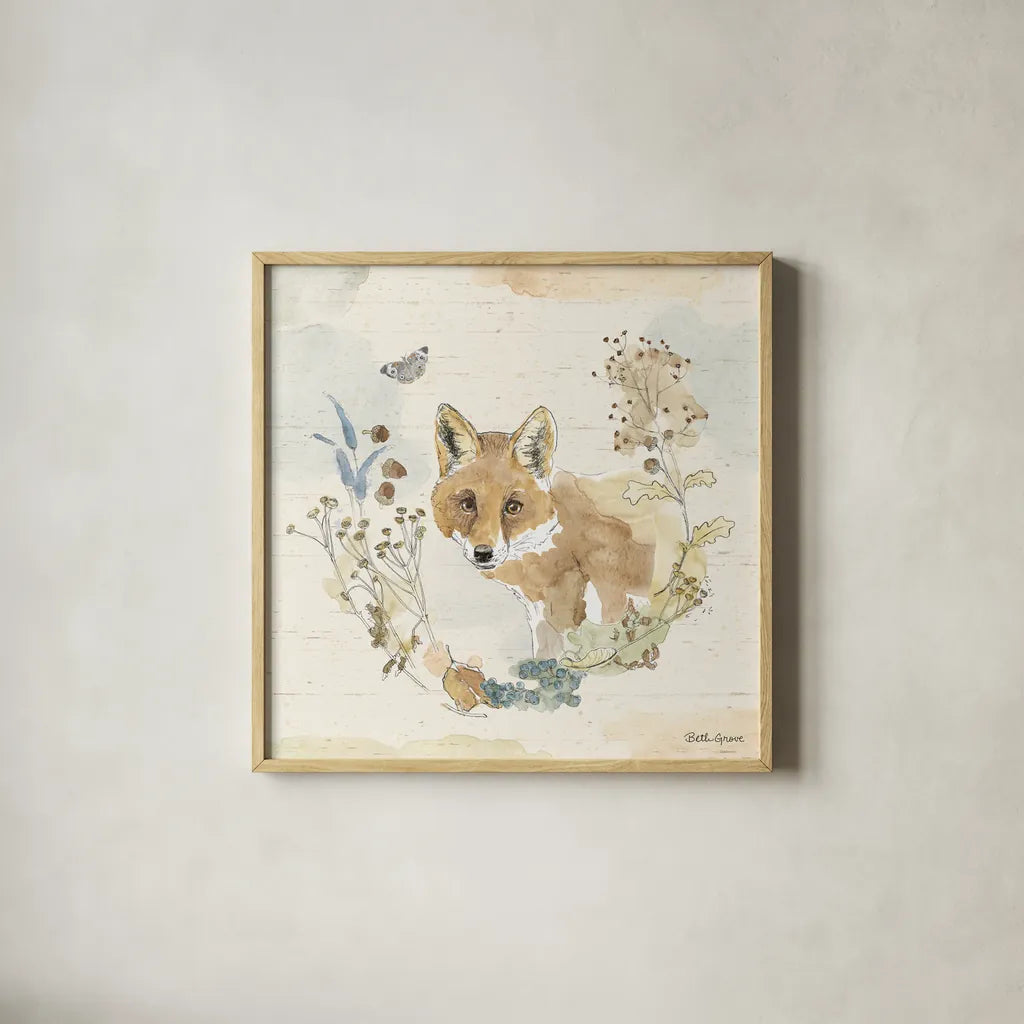 Woodland Wreath XI by Beth Grove. Shown in a natural wood glass frame for a timeless modern aesthetic. Available as an archival giclee rolled canvas, fine art paper, or poster print. SKU 89346a.