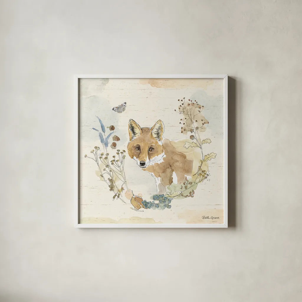 Woodland Wreath XI by Beth Grove. Shown in a crisp white glass frame for a clean and minimalist style. Available as an archival giclee rolled canvas, fine art paper, or poster print. SKU 89346a.