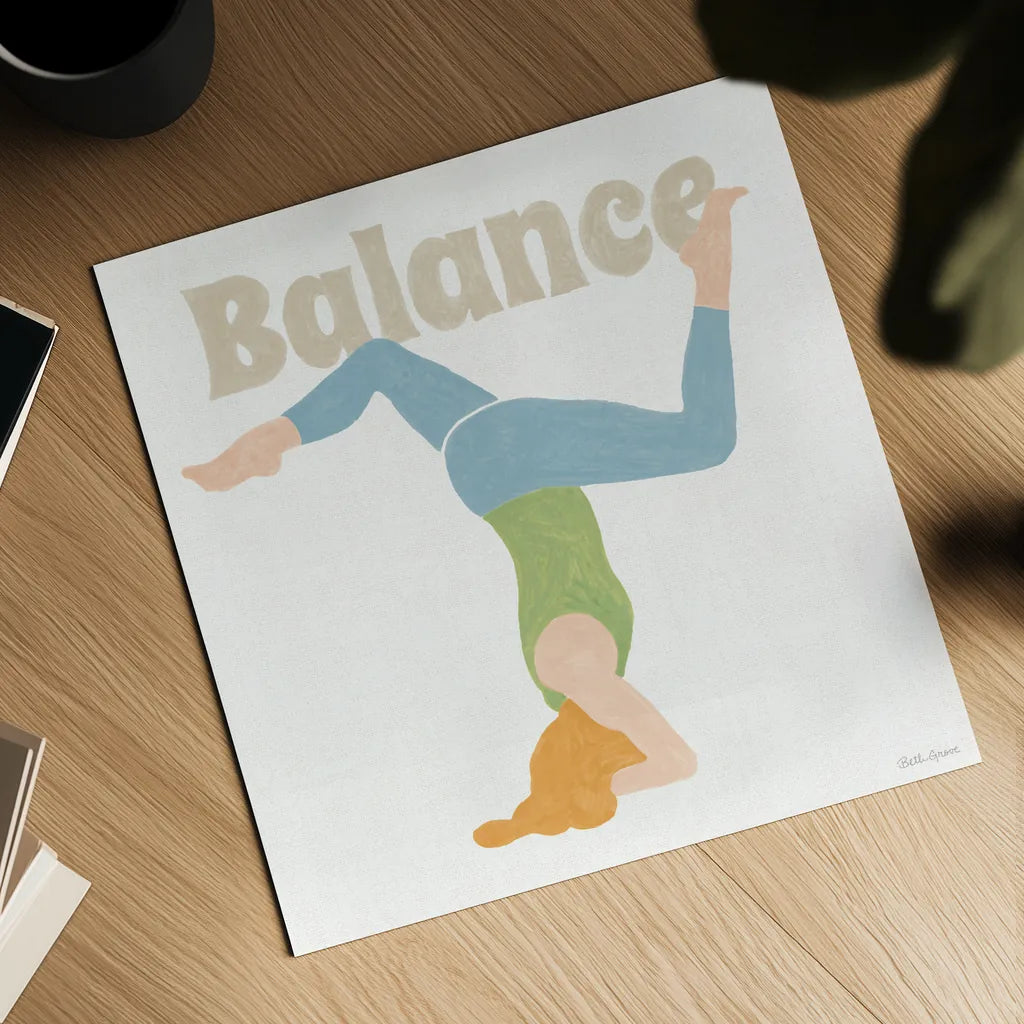 Yoga Sesh I by Beth Grove. Shown as a detailed flat fine art print, highlighting archival giclee quality. Available as an archival giclee rolled canvas, fine art paper, or poster print. SKU 86992a.