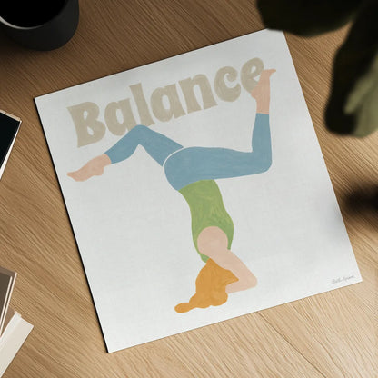 Yoga Sesh I by Beth Grove. Shown as a detailed flat fine art print, highlighting archival giclee quality. Available as an archival giclee rolled canvas, fine art paper, or poster print. SKU 86992a.