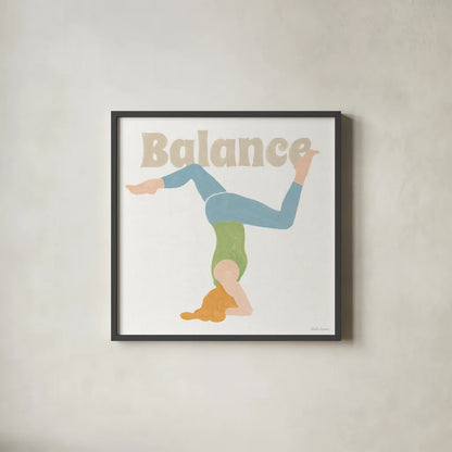 Yoga Sesh I by Beth Grove. Shown in a sleek black glass frame for a contemporary gallery look. Available as an archival giclee rolled canvas, fine art paper, or poster print. SKU 86992a.