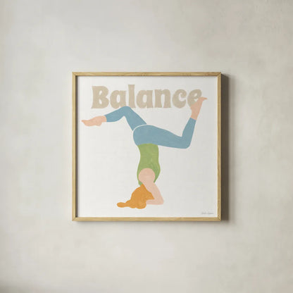Yoga Sesh I by Beth Grove. Shown in a natural wood glass frame for a timeless modern aesthetic. Available as an archival giclee rolled canvas, fine art paper, or poster print. SKU 86992a.