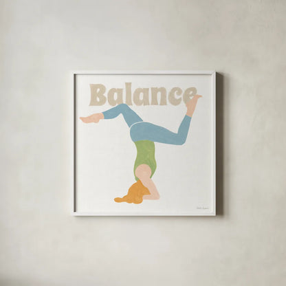 Yoga Sesh I by Beth Grove. Shown in a crisp white glass frame for a clean and minimalist style. Available as an archival giclee rolled canvas, fine art paper, or poster print. SKU 86992a.
