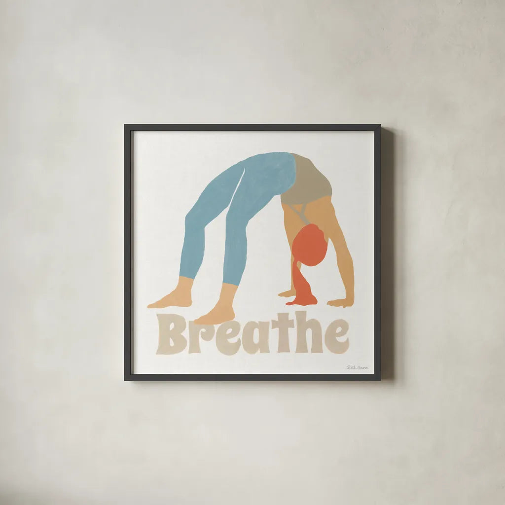 Yoga Sesh II by Beth Grove. Shown in a sleek black glass frame for a contemporary gallery look. Available as an archival giclee rolled canvas, fine art paper, or poster print. SKU 86993a.