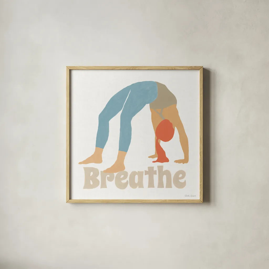 Yoga Sesh II by Beth Grove. Shown in a natural wood glass frame for a timeless modern aesthetic. Available as an archival giclee rolled canvas, fine art paper, or poster print. SKU 86993a.