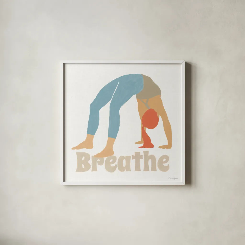 Yoga Sesh II by Beth Grove. Shown in a crisp white glass frame for a clean and minimalist style. Available as an archival giclee rolled canvas, fine art paper, or poster print. SKU 86993a.