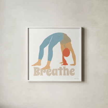 Yoga Sesh II by Beth Grove. Shown in a crisp white glass frame for a clean and minimalist style. Available as an archival giclee rolled canvas, fine art paper, or poster print. SKU 86993a.