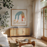 Yoga Sesh II by Beth Grove. Shown in a natural wood frame in a cozy modern living room. Available as an archival giclee rolled canvas, fine art paper, or poster print. SKU 86993a.