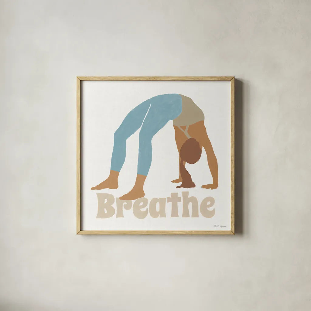 Yoga Sesh II v2 by Beth Grove. Shown in a natural wood glass frame for a timeless modern aesthetic. Available as an archival giclee rolled canvas, fine art paper, or poster print. SKU 86994a.